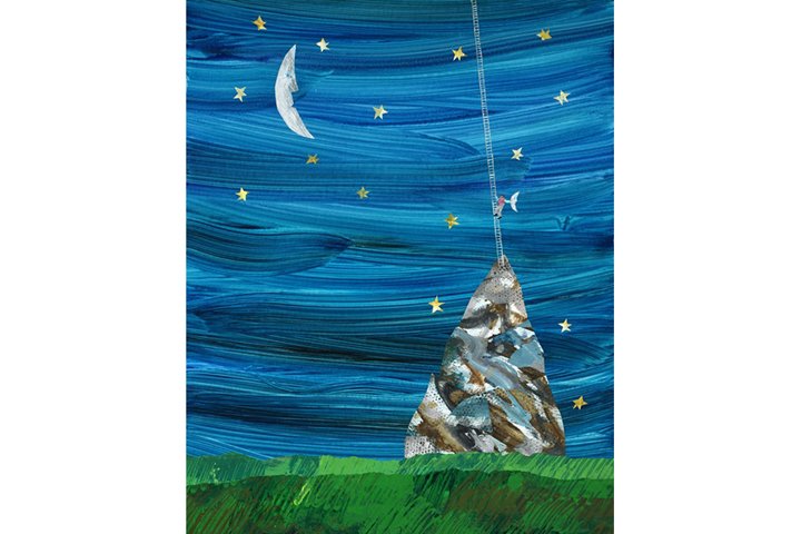 縦長の画面の下の方に緑色の地面、それ以外は濃い青の夜空。山のてっぺんからははしごが天にのびており、三日月とは逆の方向の月を手に持った人間が、はしごを降りて来る。空には同じ形の月が浮かんでいる。
